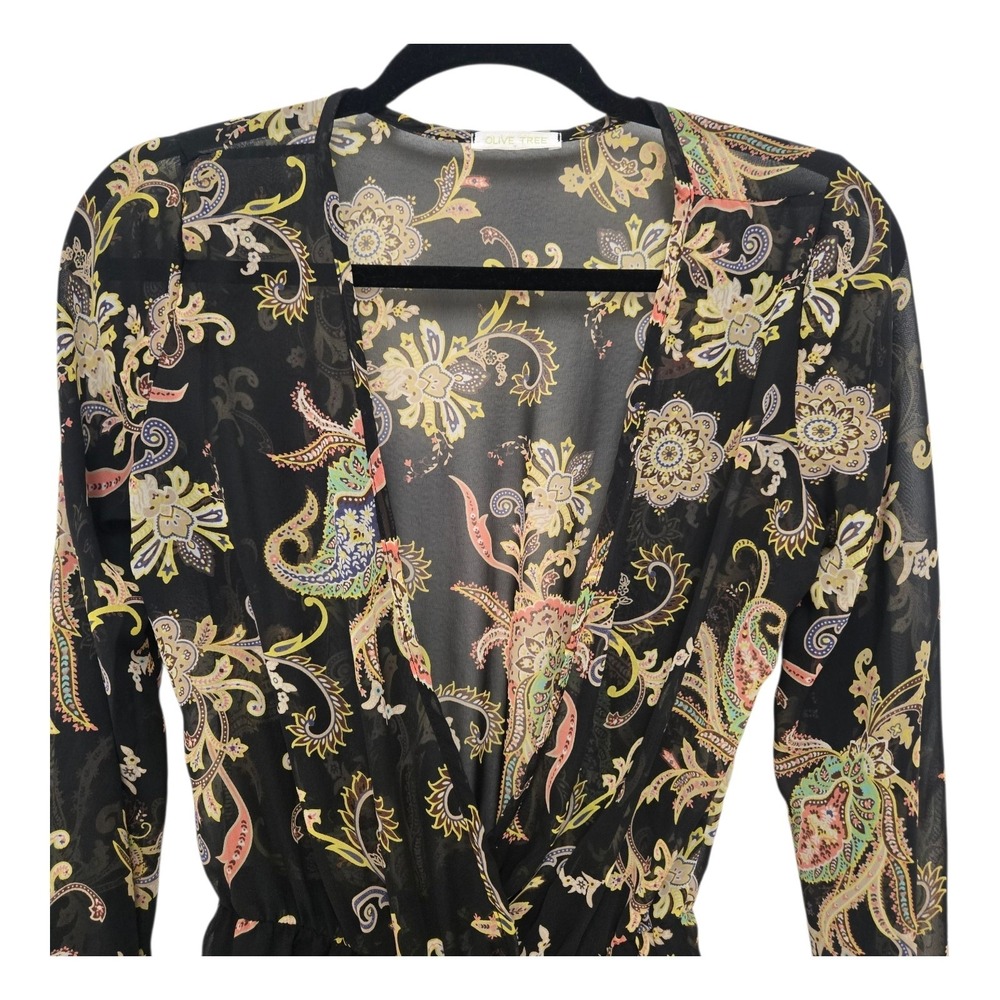 Olive Tree Black Paisley Floral Sheer Long Sleeve V-Neck Romper Playsuit Boho